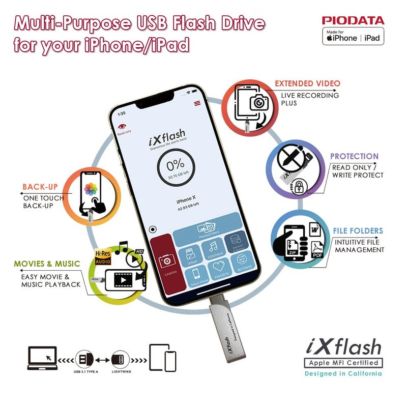 PioData iXflash 256GB iPhone iPad Flash Pen Drive USB 3.1 Apple MFi Certified Lightning Connector External Storage Memory Expansion for iOS Devices/Windows/Mac - Image 4